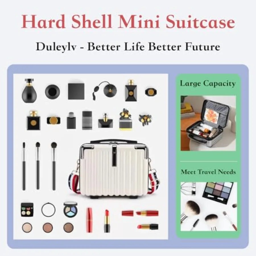 Mini Suitcase Hard Shell Makeup Case Stress-Resistant ABS Hard Makeup Travel Case Portable Hand Luggage with Shoulder Strap for